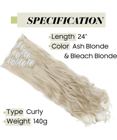 S-noilite 24 Inch Curly Ash Blonde & Bleach Blonde Clip In Hair Extensions - 8pcs Full Head Set | 60 Colours Available - Buy Online on GoSupps.com