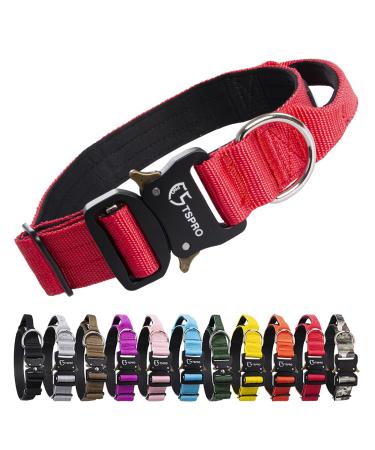 Tspro premium dog collar with handle thick adjustable dog collar heavy design of quick lock metal buckle dog collar for small or medium-sized to extra large dogs (red-m) handle version size M- (adjustable37-46cm) red
