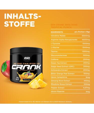 Buy ESN Crank Tropical Punch - 380g Complete Pre-Workout Booster | International Shipping Available - Buy Online on GoSupps.com