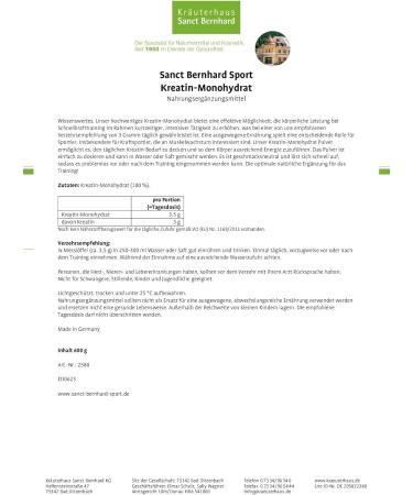 Sanct Bernhard Sport Creatine Monohydrate 600g - High-Quality Gluten-Free & Lactose-Free | Boost Energy & Strength | German Quality & Lab Tested - Buy Online on GoSupps.com