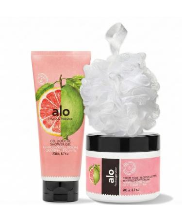Cucina Fruits & Passion Alo Grapefruit Guava Body Care Gift Set - Shower Gel (200ml) Whipped Body Cream (200ml) White Shower Puff - Perfect Holiday Gift