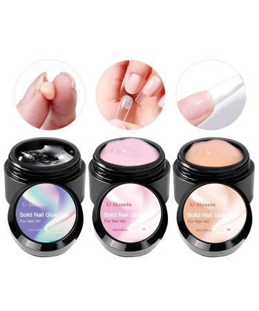U-Shinein 3x10ml Solid Nail Glue Gel  Nail Tips Glue Gel for Acrylic Nails  Press on Solid Glue Gel  Nail Art Manicure Glue Gel  Need UV/LED Lamp Longer Cure (Clear Nude Pink) Color 03