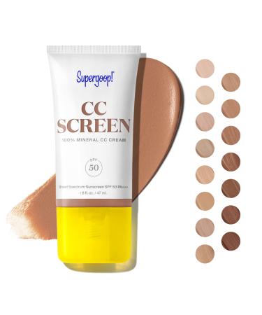 Supergoop! CC Screen - SPF 50 PA++++ CC Cream  100% Mineral Color-Corrector & Broad Spectrum Sunscreen - Tinted Moisturizer  Concealer & Buildable Coverage Foundation - 1.6 fl oz