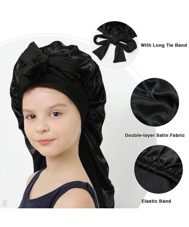 Kids Long Hair Bonnet for Sleeping - Double Layer Elastic Satin Girls Bonnet (Black) - Buy Online on GoSupps.com