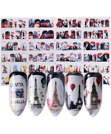 12 Sheets Nail Art Stickers Water Transfer Decals - Romantic Valentine Paris Eiffel Pattern Design - Trendy Marvel Lip Nail Wraps for Women and Girls Manicure - Buy Online on GoSupps.com