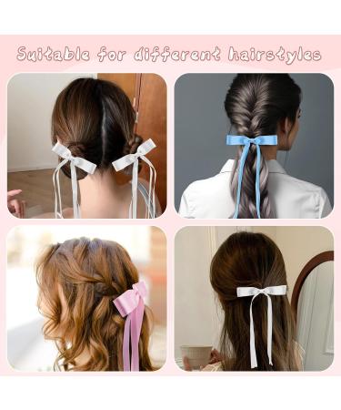 6Pcs Satin Ribbon Hair Bows with Metal Clips - Blue White Pink | Tassel Bowknot Hair Barrettes for Women - Buy Online on GoSupps.com