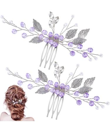 PAGOW 2PCS Leaf Hair Combs, Purple Rhinestone Hair Comb Clips, Hair Side Comb Clips, Crystal Wedding Headpiece Hair Accessories For Women, Girls, Bride, Bridesmaid ( 4.73 x 2.76 inch )