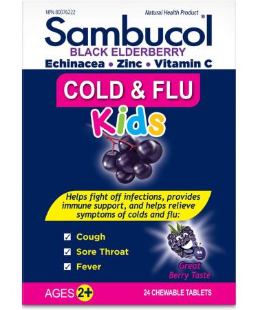 Sambucol Black Elderberry for Kids 120 Milliliter & Black Elderberry Cold & Flu Kids | Relieves Cold & Flu Symptoms | Immune Support & Antioxidant | Gluten Free | 24 Chewable Tablets blue SUPPLEMENT + MEDICATION - Buy Online on GoSupps.com