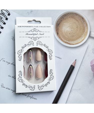 24 Pcs Almond Dark Red Press on Nails | Shiny Powder Frosted Black Line Design | Medium Length Fake Nails for Women - Buy Online on GoSupps.com