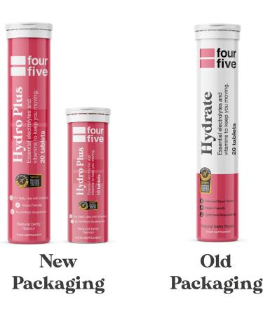 fourfive Hydrate Electrolytes - Essential Electrolytes & Vitamins with Magnesium & Calcium for Sports Hydration Vegan & Low Calorie Berry Flavour (60 Effervescent Tablets) Berry 20 count (Pack of 3) - Buy Online on GoSupps.com
