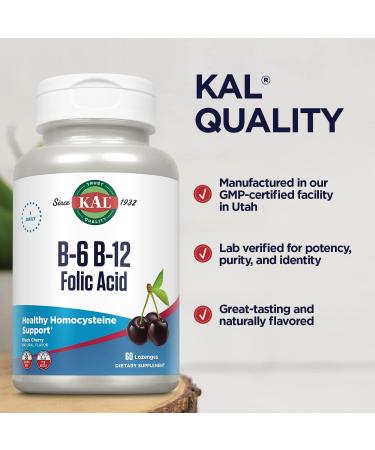 KAL Vitamin B-6 B-12 Folic Acid Supplement | Healthy Energy, Heart & Blood Cell Support | Cherry Lozenges - 60 Servings - Buy Online on GoSupps.com
