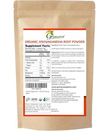 Grenera Organic Ashwagandha Powder 2.2 lbs (35.2 Ounce) (Withania somnifera) - Organic Vegan Kosher Certified - Buy Online on GoSupps.com