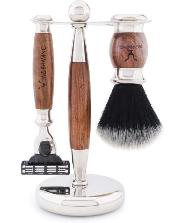 JAG Shaving Sarice Set 4-in-1: Luxury Men's Razor Brush Set with Synthetic Black & White Tip 3 Blades Shaving Rack & Bowl - International Shipping Available - Buy Online on GoSupps.com