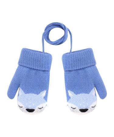 JIAHG Children's Winter Knit Gloves with String Baby Toddlers Hand-Warming Mittens Cute Cartoon Fox kids Gloves Outdoor Warm Mitts Insulated Cold Weather Gloves for 1-3 Years Boys and Girls Fox-blue