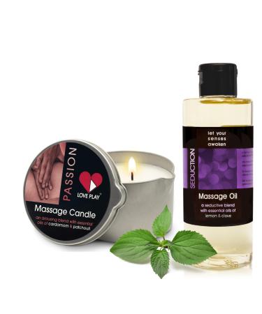 LOVE PLAY Set of Massage Oil for Sore Muscles and Massage Oil Candle for Pure Relaxation - Vegan Massage and Body Oils for Massage Therapy with Essential Oils 6.76 oz Each...