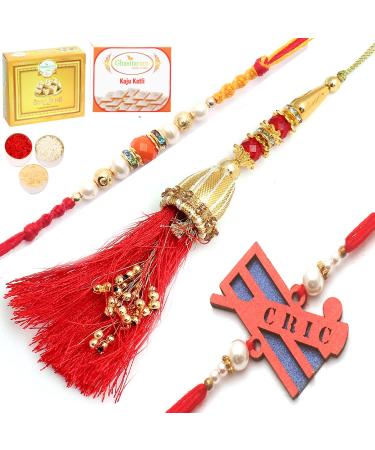Ghasitaram Gifts Rakhi for Brother Rakhis Online - Set of 3 Ibiza Bhaiya Bhabhi Rakhi and Cricketer Kids Rakhi with 200 GMS of Kaju katli and 200 GMS of Soan Papdi