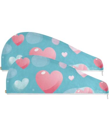 Pink Love Heart Blue Hair Towel 2 Pack - Super Absorbent Quick Dry Turbans for Women & Girls - Buy Online on GoSupps.com