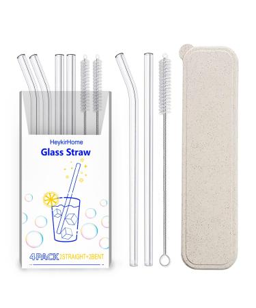 HeykirHome 4-Pack Reusable Glass Straw with Travel Case,Size 8.5''x10 MM,Including 2 Straight and 2 Bent with 2 Cleaning Brush- Perfect For Smoothies, Tea, Juice 4Pack+2Brushes