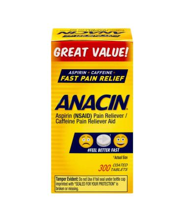 Anacin Fast Pain Relief, Aspirin + Caffeine Pain Reliever, 300 coated tablets 300 Count (Pack of 1)