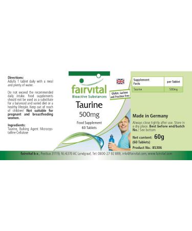 Fairvital Taurine 500mg Vegan High Dosage 60 Tablets - Buy Online on GoSupps.com