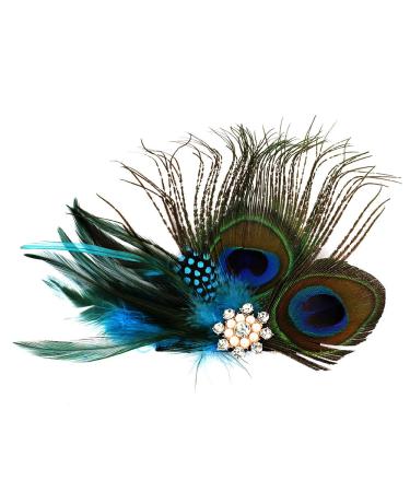 RUNHENG Handmade Feather Peacock Hair clip Natural Feather Fascinator Barrette with Crystal and Pearl