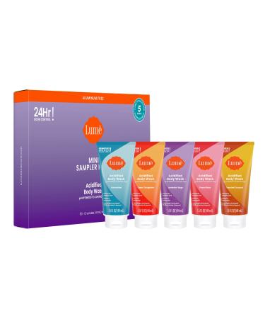 Lume Acidified Body Wash 5 Pack Mini Sampler - 24 Hour Odor Control - Removes Odor Better than Soap - Moisturizing Formula - SLS Free Paraben Free - Safe For Sensitive Skin - 1.5 Ounce Mini Tubes (Clean Tangerine Laven...