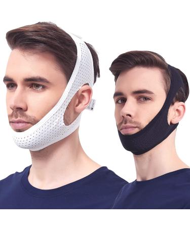 Chin Strap for Cpap Users, 2 Pack Black & White Upgraded Comfortable Mesh Cpap Chin Straps for Men Women, Effective Adjustable Anti Snoring Chin Straps to Keep Mouth Closed While Sleeping(2 PCS)