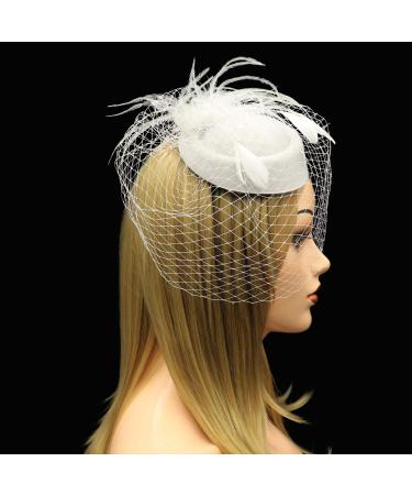 Umeepar Women's White Pillbox Fascinator Hat with Feathers & Veil - Perfect for Weddings & Tea Parties - Headband Clip One Size - Buy Online on GoSupps.com
