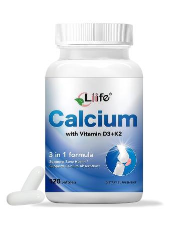 LIIFE 3-in-1 Calcium 150mg + Vitamin D3 1000iu + 100mcg K2(MK4 MK7) Natural Supplement Complex for Bone Health, Joint Support, and Cardiovascular Health, 120 Softgels, 60 Day Supply 120 Count (Pack of 1)