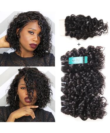 Malaysian Water Wave Bundles with Closure 12A Ocean Wave Wet & Wavy Human Hair Bundles with T Part Lace Closure 100% Human Hair Weave Extensions Remy Hair Bundles Water Curly Hair (8 8 8+8inch) 8 8 8+8 Inch Black-50g