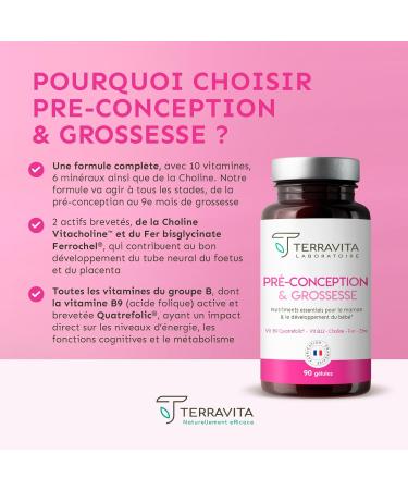 PRE-DESIGN AND PREGNANCY | Complete Formula with Quatrefolic Folic Acid + Choline Vitacholine + Vitamins and Minerals | 90 Capsules | Made in France | Terravita - Buy Online on GoSupps.com