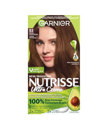 Garnier Nutrisse Ultra Cr me Permanent Hair Dye 100% Grey Coverage Vegan Formula Nourished Hair Long-Lasting Rich Colour 53 Medium Golden Brown 1 Application Packaging May Vary BROWN SHADES 53 Medium Golden Brown