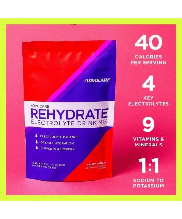 AdvoCare Rehydrate - Electrolyte Drink Mix - Includes Magnesium Sodium Potassium & Calcium - Antioxidant & Amino Acid Fortified - Hydration & Recovery - Fruit Punch 15 Stick Packs (6.3 oz) - Buy Online on GoSupps.com
