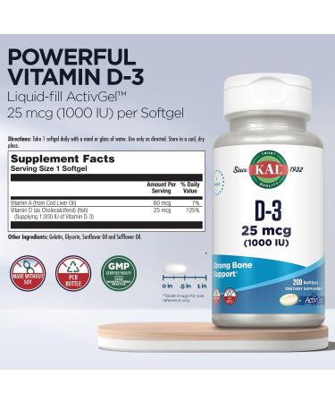 KAL Vitamin D3 1000 IU Softgels - Active Form for Bone Health & Immune Support - 200 Servings - Buy Online on GoSupps.com