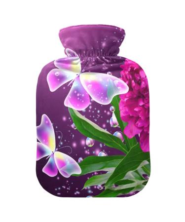 Heat bottle 1 l small warm steward with soft plush heating cover peony butterflies outlet-proof screw cap ideal for winter sports outdoor back neck and legs cold butterfly 139 1l