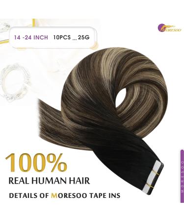 Moresoo Invisible Tape-In Hair Extensions - Real Hair 35cm - Black to Dark Brown with Caramel Blonde - 10 Pieces 25g #1B/3/27 - Premium Quality Adhesive Tapes - Buy Online on GoSupps.com