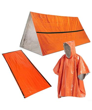 3 in 1 Outdoor Emergency Survival Kits Heat Reflective Thermal Raincoat Sleeping Bag Tent Set for Outdoor Camping - Orange