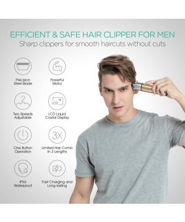 VOYOR Professional Cordless Hair Clippers for Men - T-Blade Trimmer & Beard Kit with LCD Display - Rechargeable Hair Cutting Set with 3 Guide Combs (Gold - Buy Online on GoSupps.com