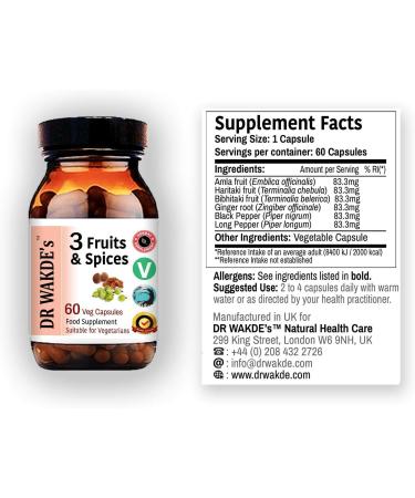 DR WAKDE'S 3 Fruits & Spices Capsules (60 Veg Caps Digestive Support Triphala and Trikatu Ayurvedic Supplement Vegan Herbal All Natural Made in UK) - Buy Online on GoSupps.com