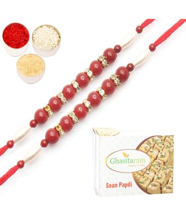 Ghasitaram Gifts Rakhi for Brother Rakhis Online- Set of 2-666 Fancy Thread Rakhi with 200 GMS of Soan Papdi