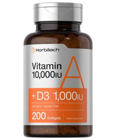 Vitamin A 10000 IU Softgels | 200 Count | with Vitamin D3 | Non-GMO Gluten Free Supplement | by Horbaach