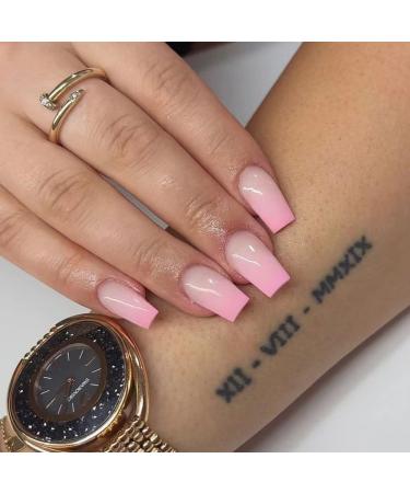 NICENEEDED Square Press on Nails Medium Length Gradient Pink Glossy Ballerina False Nails Cute Glue on Nails with Nail Glue Stickers for Women Girls Daily Wear