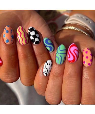 Shop MERVF Oval Press on Nails - Colorful Medium Fake Nails with Checkered Design | 24pcs Acrylic Summer Collection - Buy Online on GoSupps.com