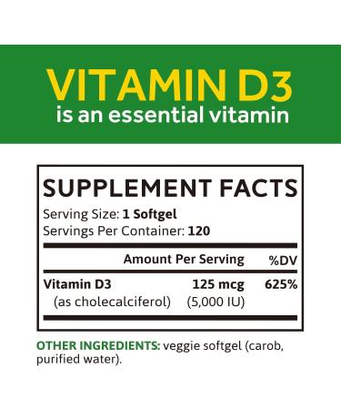 Whollium Vitamin D3 5000 IU - Bone & Dental Health Support, Brain & Immune Function - 120 Vegetarian Softgels - Buy Online on GoSupps.com