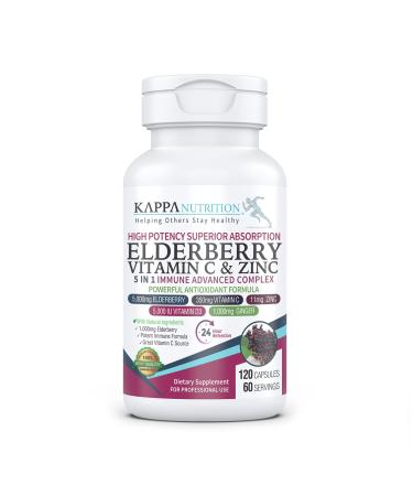KAPPA NUTRITION Sambucus Elderberry with Vitamin C Zinc Vitamin D3 5000 IU & Ginger (120 Capsules) - Antioxidant & Immune Support Supplement 2 Month Supply - 5 in 1 Black Elderberry for Adults