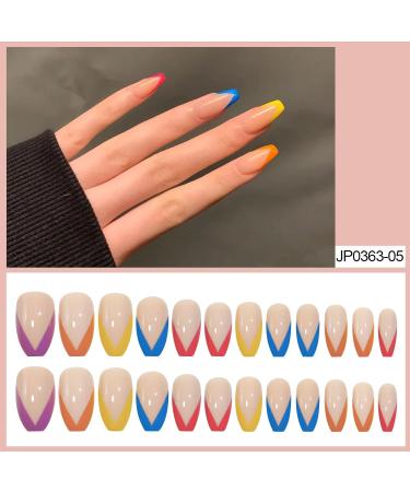 24pcs French Almond Press on False Nails with Glue - Multicolor French Style for Women and Girls Nail Art - Buy Online on GoSupps.com