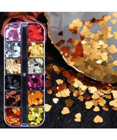 GZMAYUEN GZMAYUEN 12 Girls 3D Heart-Shaped Glitter Nail Art - Holographic Laser Glitter for Nails Gold Glitter