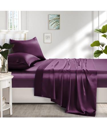 Lanest Housing Satin Sheets Full Size Sets Silky Soft Fade Resistant Bed Sheets with 1 24'' Extra Deep Pocket Fitted Sheet 1 Flat Sheet 2 Pillowcases(Purple Full) Purple Full (Extra Deep Pocket)