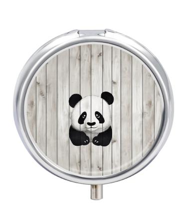 Round Pill Box White Wooden Panda Print 3 Compartment Medicine Pill Case Print Pill Organizer Decorative Metal Portable Pill Box Pocket Pill Box