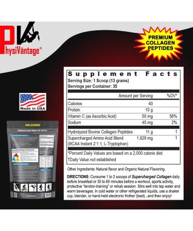 PhysiVantage Supercharged Collagen Peptides Powder - Hydrolyzed Collagen for Joint, Tendon, Ligament, & Skin Health Support - Vanilla, Keto, Paleo, 16oz | Enhanced with Vitamin C, BCAAs, Grass-Fed - Buy Online on GoSupps.com